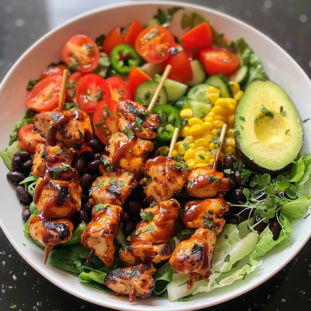 A detailed side view of BBQ Chicken Skewers on a fresh salad, highlighting various vegetables and toppings.