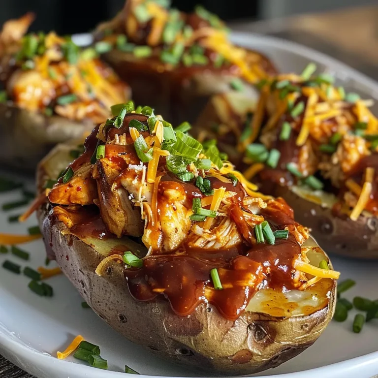 Close-up view of BBQ chicken stuffed baked potato topped with chives.