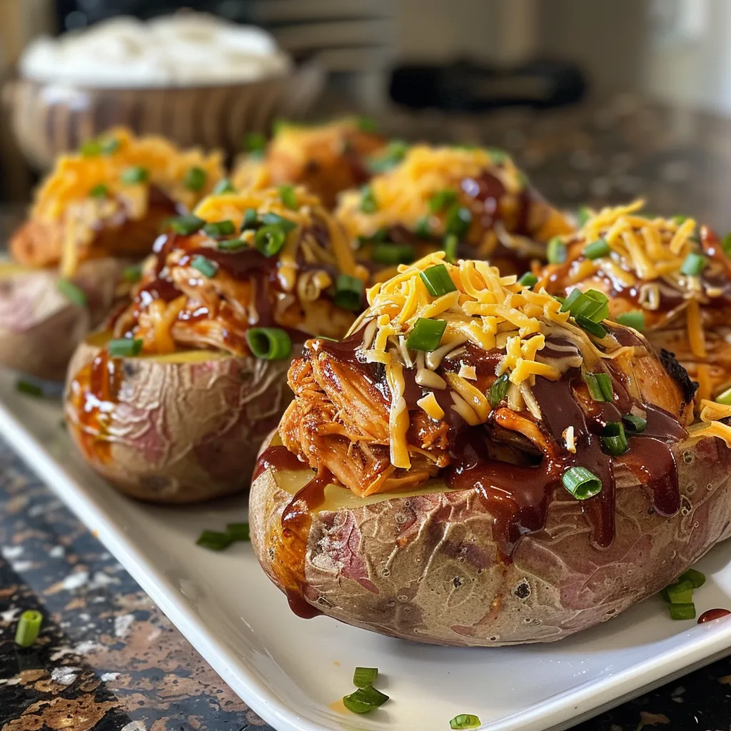 Juicy baked potato stuffed with BBQ chicken and garnished with sour cream.