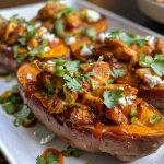 Close-up of BBQ chicken stuffed sweet potatoes with melted cheese.