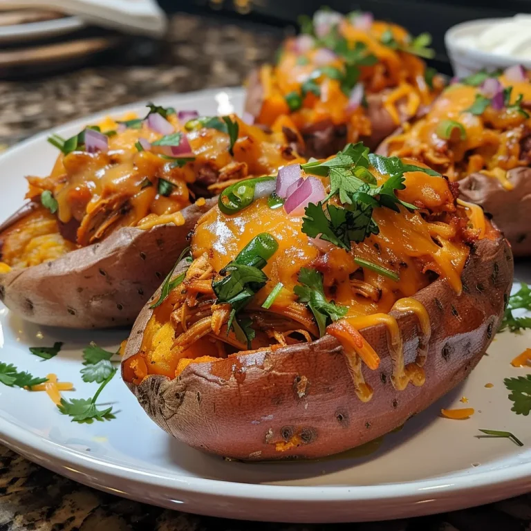 A close-up side view of BBQ chicken stuffed sweet potatoes topped with cheese and cilantro.