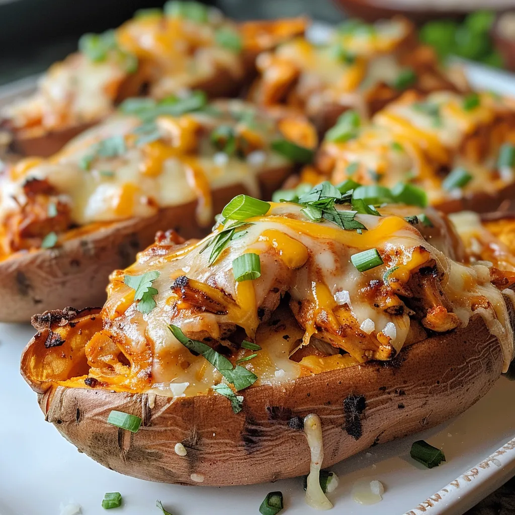 Juicy sweet potatoes filled with BBQ chicken, garnished with green onions.
