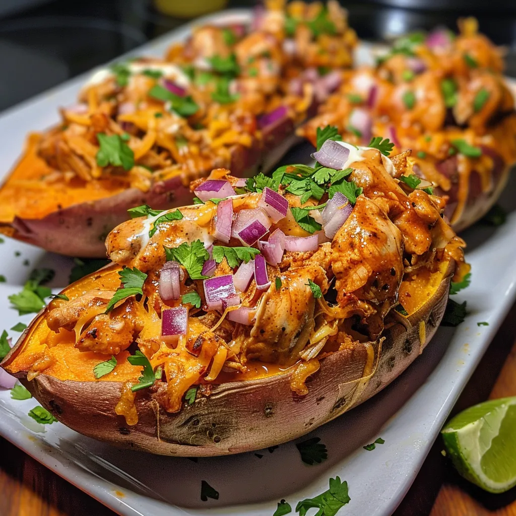 Juicy BBQ chicken stuffed inside roasted sweet potatoes, garnished with red onion and sour cream.