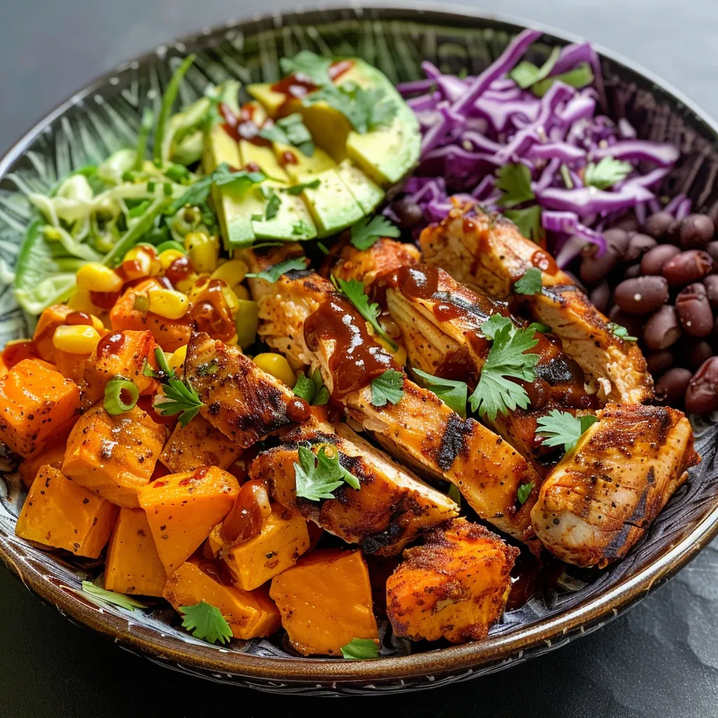 Juicy BBQ chicken atop diced sweet potatoes, surrounded by colorful veggies.
