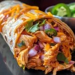 Close-up of a juicy BBQ chicken wrap with visible ingredients.