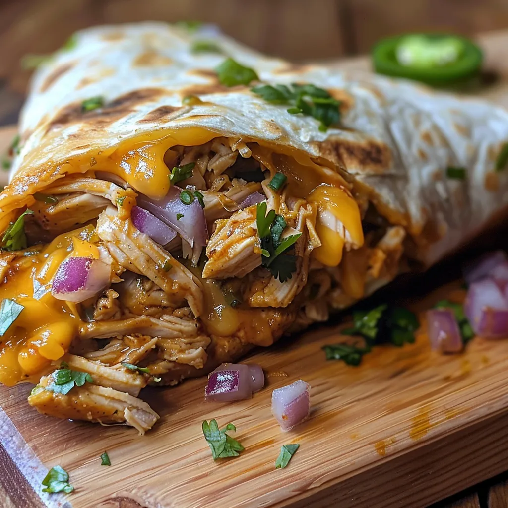Side view of a colorful BBQ chicken wrap showcasing fresh ingredients.