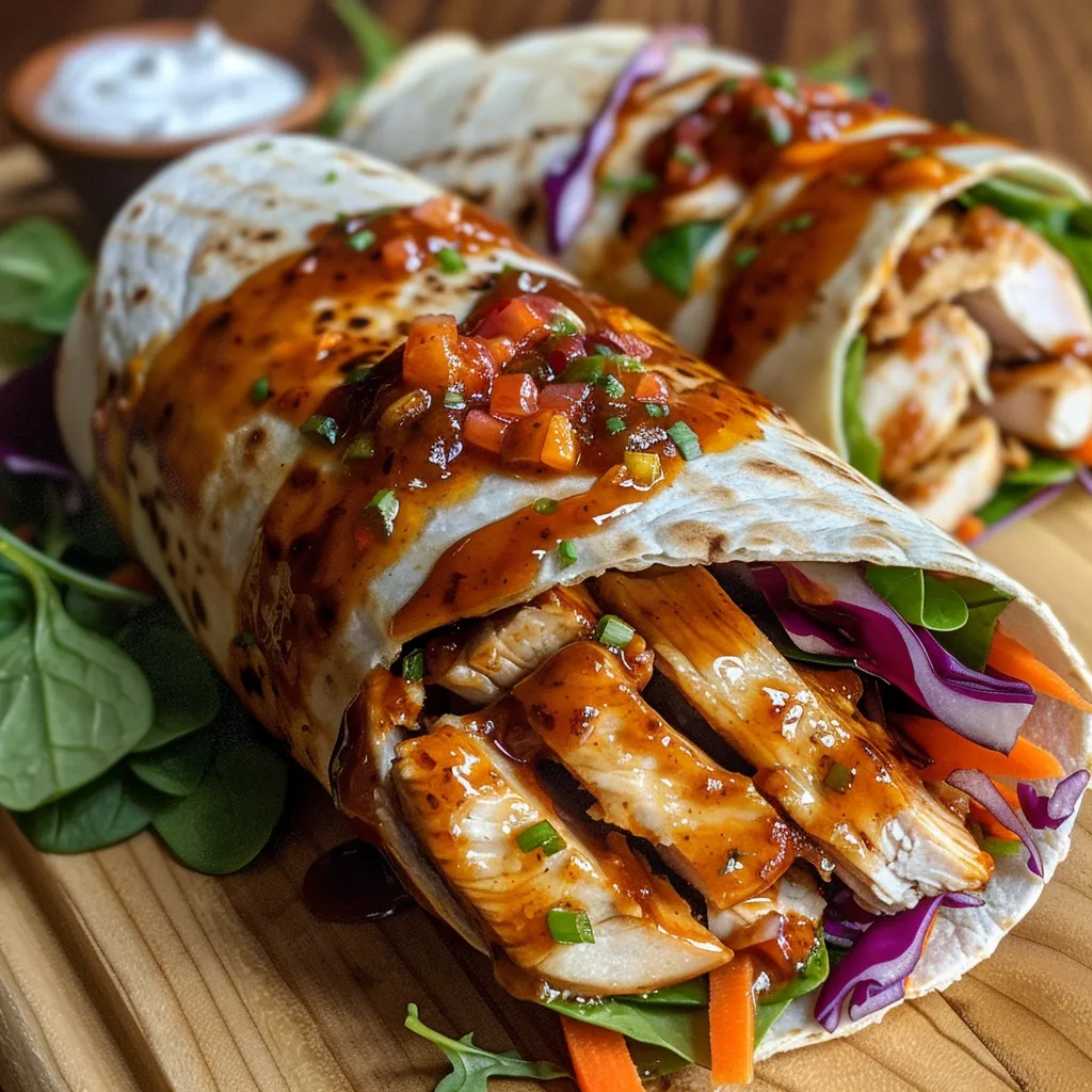 Juicy BBQ chicken wraps showcasing grilled chicken and vibrant greens.