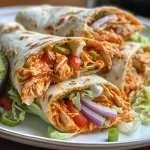 Juicy Buffalo Chicken Flatbread Wrap with fresh toppings on a platter.
