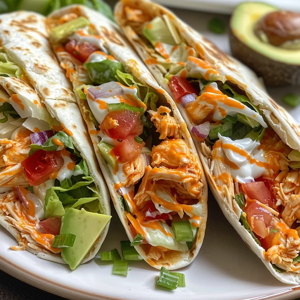 Close-up of Buffalo Chicken Flatbread Wraps showcasing shredded chicken and vibrant vegetables.