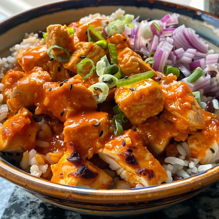 A close-up view of a Buffalo Chicken Rice Bowl featuring diced chicken, rice, beans, and toppings.