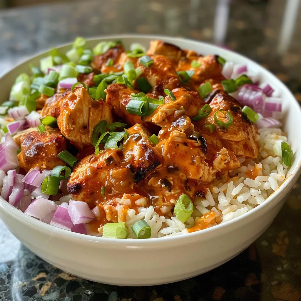Side view of a vibrant bowl filled with buffalo chicken, brown rice, black beans, and cheese.