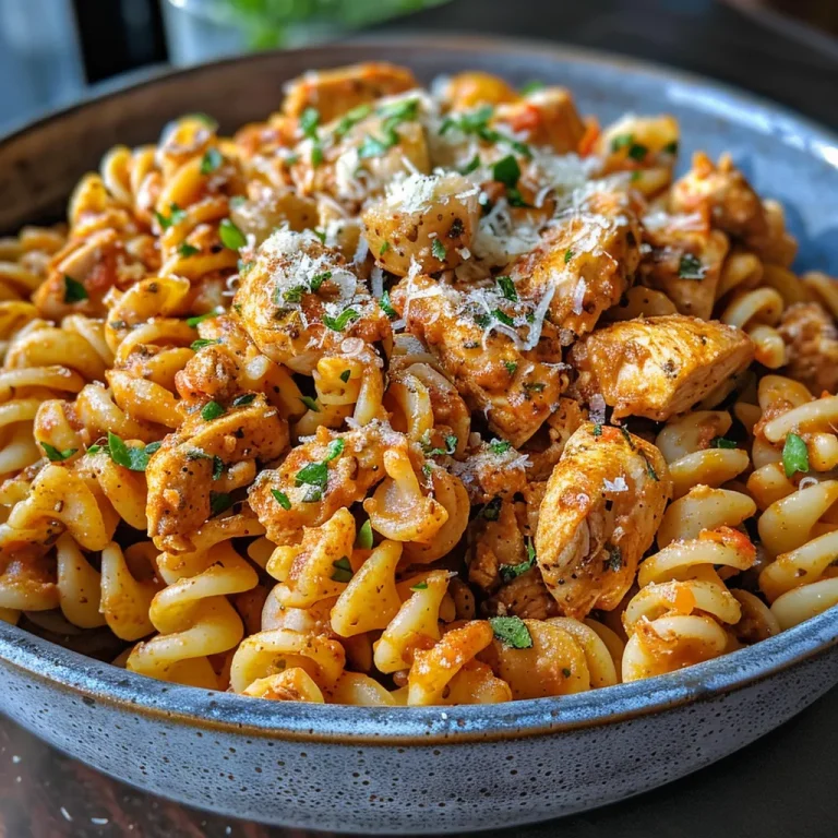 Close-up view of a creamy Cajun chicken pasta dish with colorful ingredients.
