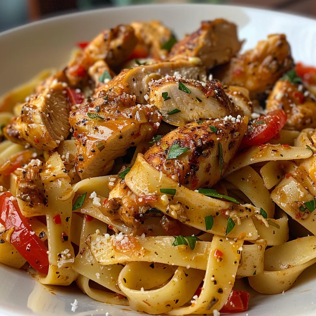 Juicy Cajun chicken pasta presented in a white bowl, showcasing vibrant vegetables.