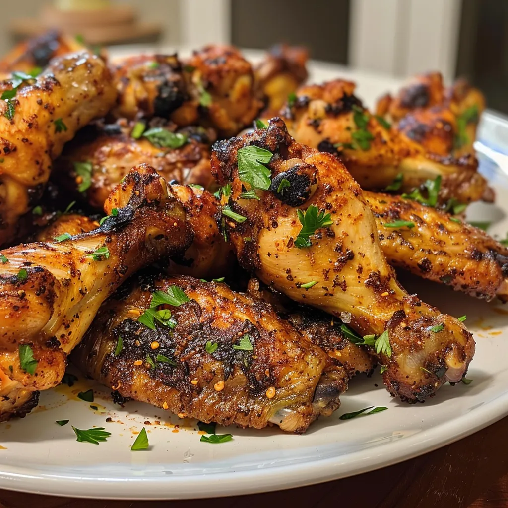 Side view of flavorful Cajun chicken wings on a rustic plate.