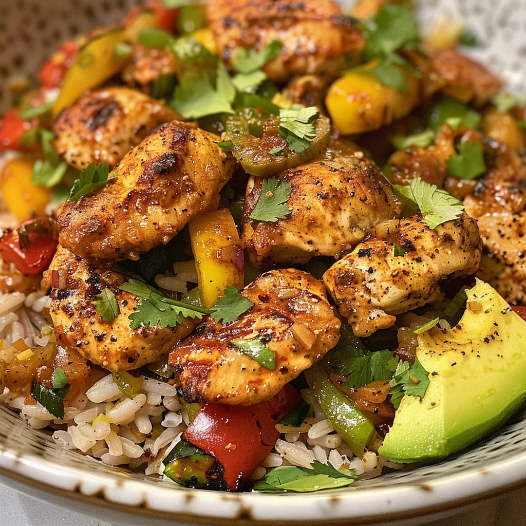 Side view of juicy Cajun chicken with sliced bell peppers and avocado on a plate of rice.