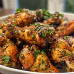 Close-up of crispy Cajun garlic chicken wings with a golden brown coating.