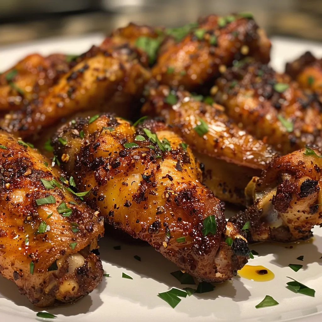 Juicy Cajun garlic chicken wings garnished with chopped parsley on a plate.