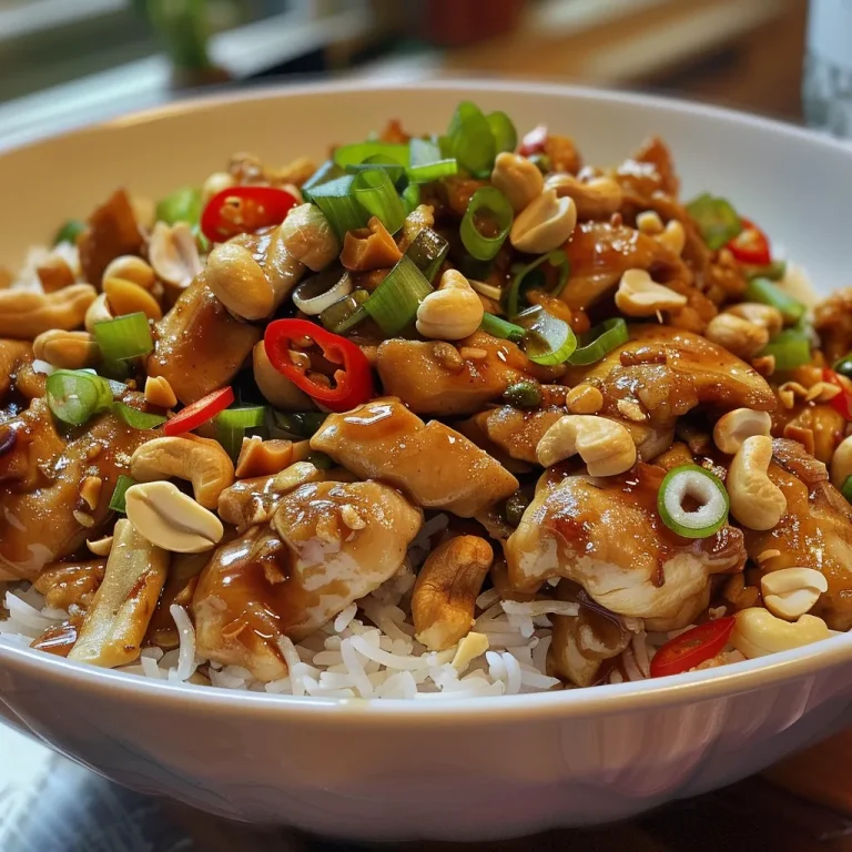 Juicy Cashew Chicken with colorful vegetables and cashews, served with jasmine rice.