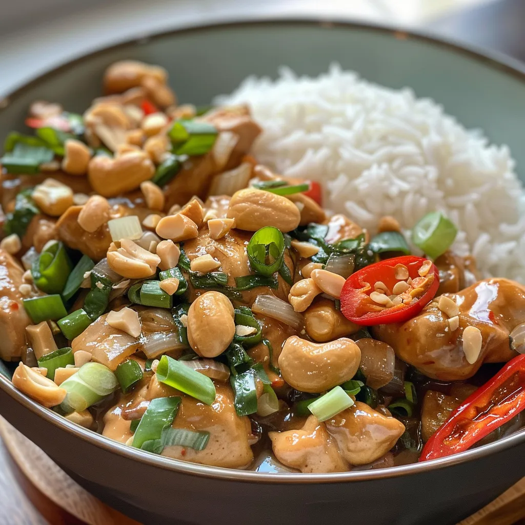 Close-up of Cashew Chicken in a vibrant sauce, featuring sliced chilies and green onions.