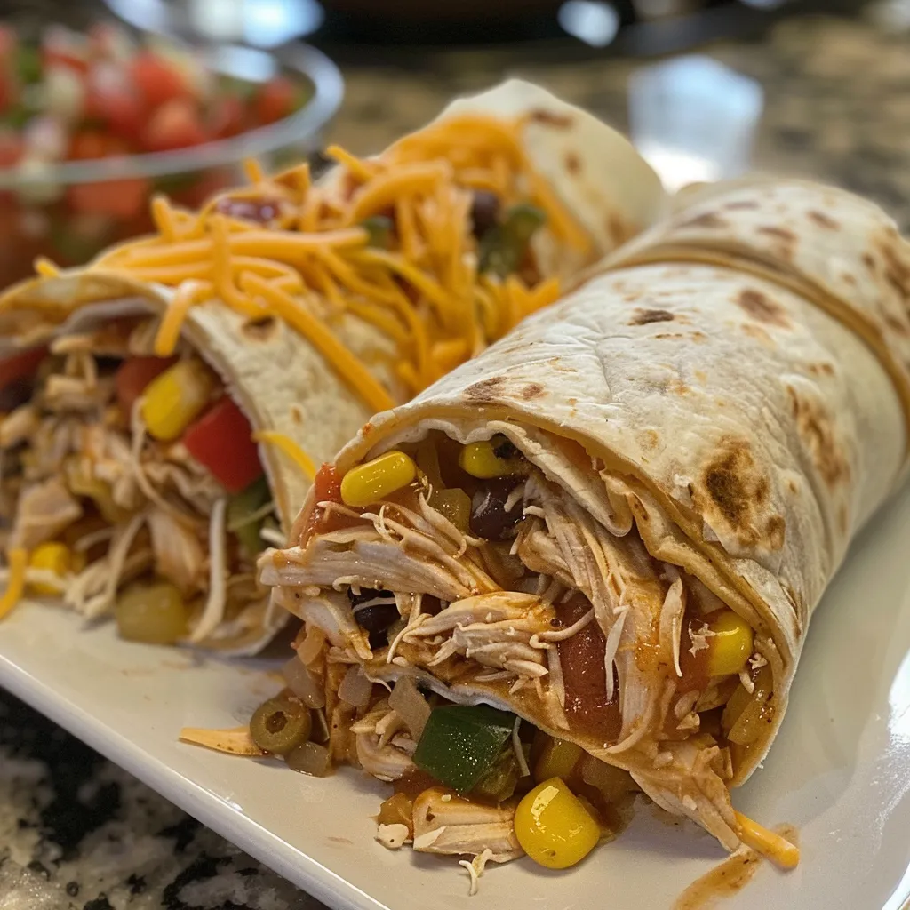 Side view of delicious burritos filled with rotisserie chicken and topped with melted cheese.