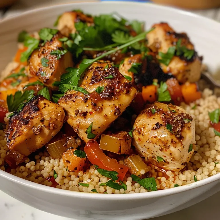 Close-up view of juicy chicken cubes served with fluffy couscous.