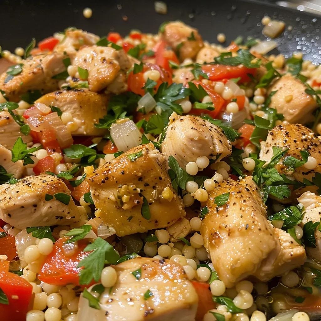 Side perspective of a plate featuring diced chicken and couscous with colorful vegetables.