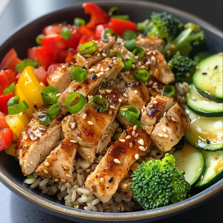 The Heartwarming Chicken and Veggie Brown Rice Bowl That Feels Like Home Close-up of a chicken and veggie brown rice bowl featuring colorful ingredients.