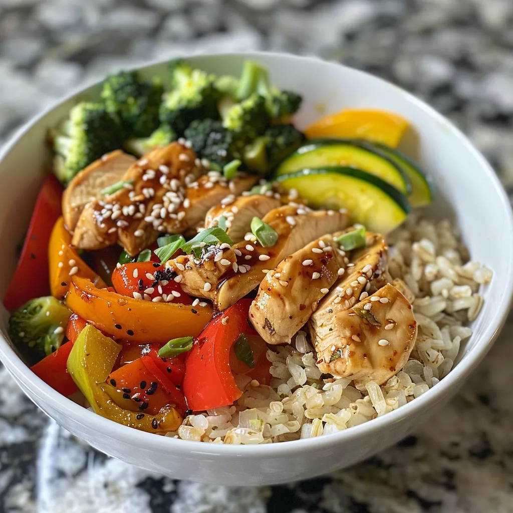 A hearty bowl of brown rice topped with tender chicken pieces and vibrant vegetables, showcasing fresh ingredients.