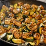Close-up of a Chicken and Zucchini Skillet, showcasing sliced chicken and zucchini in a skillet.