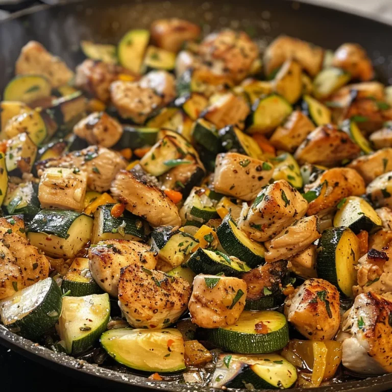 Harvesting Comfort A Chicken and Zucchini Skillet That Warms the Heart Close-up of a Chicken and Zucchini Skillet, showcasing sliced chicken and zucchini in a skillet.