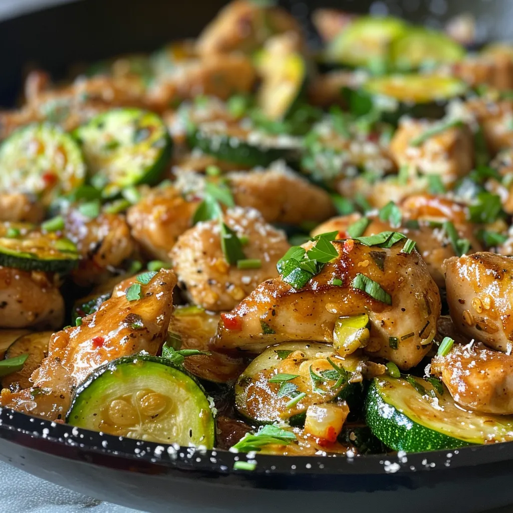 Juicy chicken pieces and vibrant zucchini arranged in a pan, garnished with parsley.