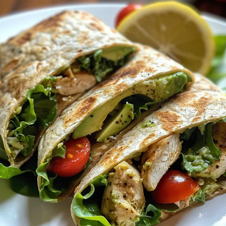 A close-up view of a chicken avocado wrap displaying juicy chicken, vibrant green avocado, and colorful cherry tomatoes.