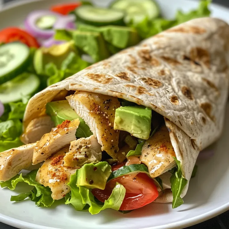 Close-up view of a delicious Chicken Avocado Wrap with vibrant ingredients.