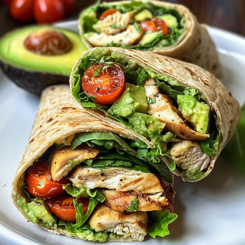 Side view of a fresh chicken avocado wrap with layers of chicken, avocado, and greens wrapped in a tortilla.