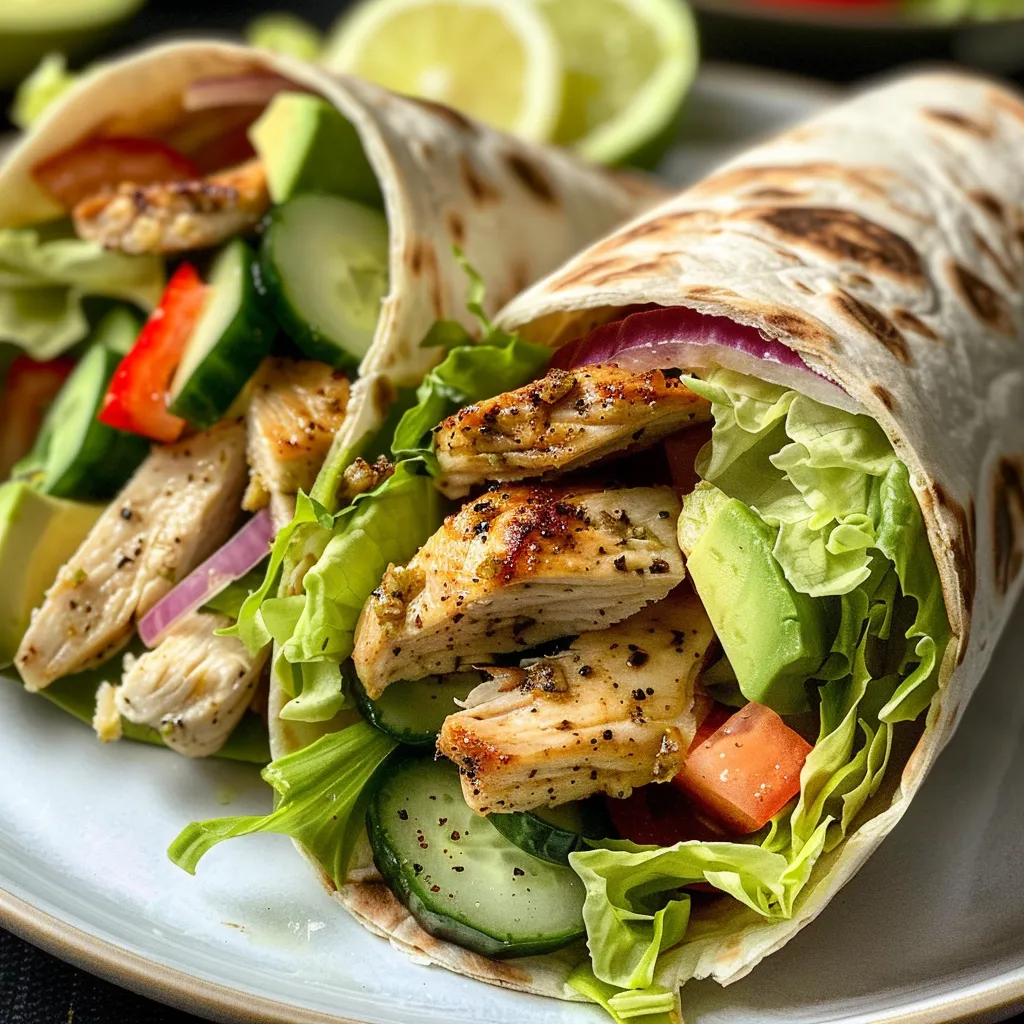 Side view of a Chicken Avocado Wrap showcasing layers of chicken, avocado, and veggies.