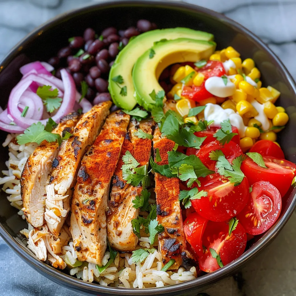 Side perspective of a delicious Chicken Burrito Bowl filled with ingredients like black beans, corn, and avocado.