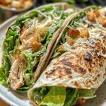 Close-up photo of a Chicken Caesar Wrap, showcasing shredded chicken, lettuce, and Caesar dressing inside a tortilla.