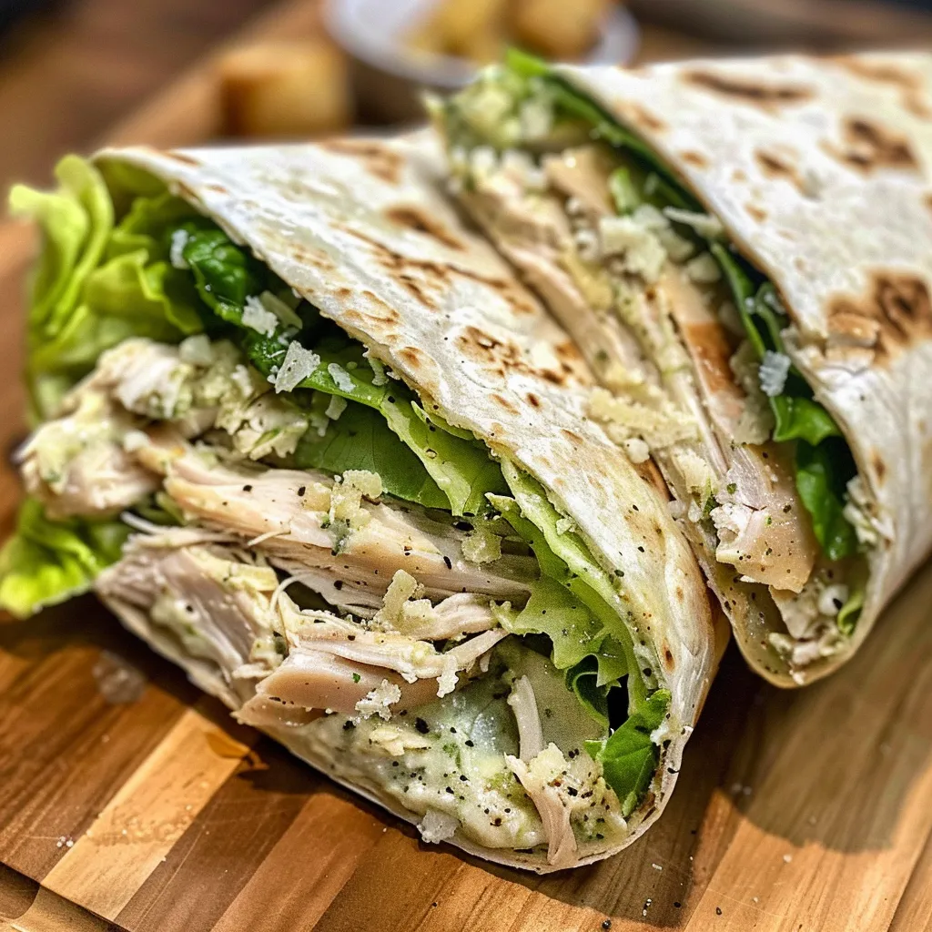 Side view of a Chicken Caesar Wrap filled with romaine lettuce, grilled chicken, and Parmesan cheese, presented on a plate.