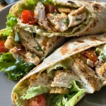 A close-up side view of a Chicken Caesar Wrap filled with lettuce, chicken, and cherry tomatoes.