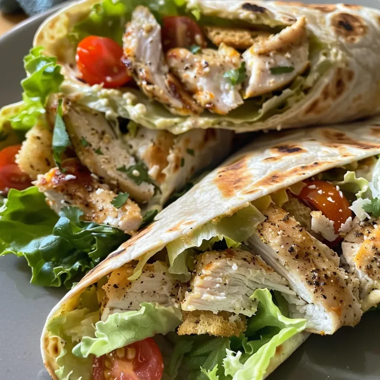 A close-up side view of a Chicken Caesar Wrap filled with lettuce, chicken, and cherry tomatoes.