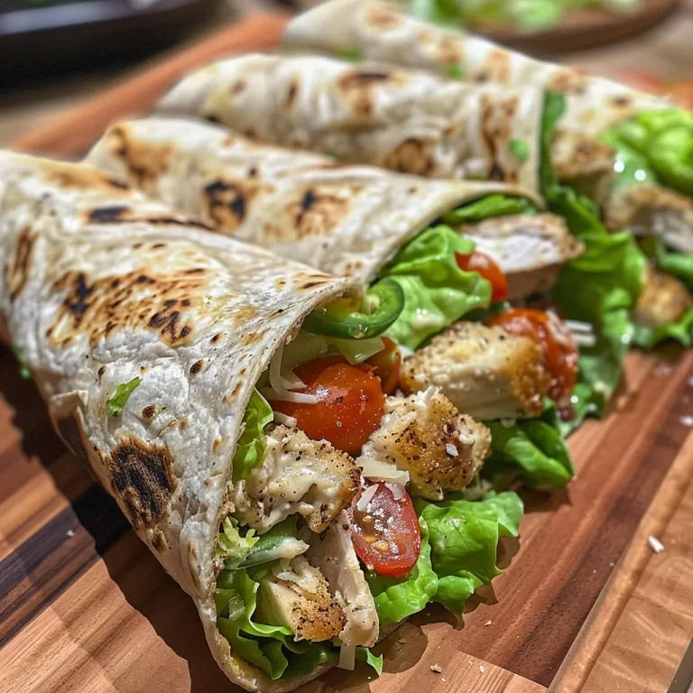 A close-up view of a Chicken Caesar Wrap, showcasing juicy chicken, lettuce, and cherry tomatoes in a tortilla.