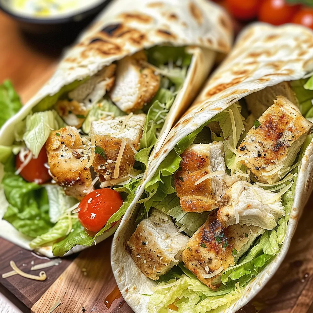 Juicy Chicken Caesar Wrap showcasing layers of romaine lettuce, grilled chicken, and Caesar dressing.