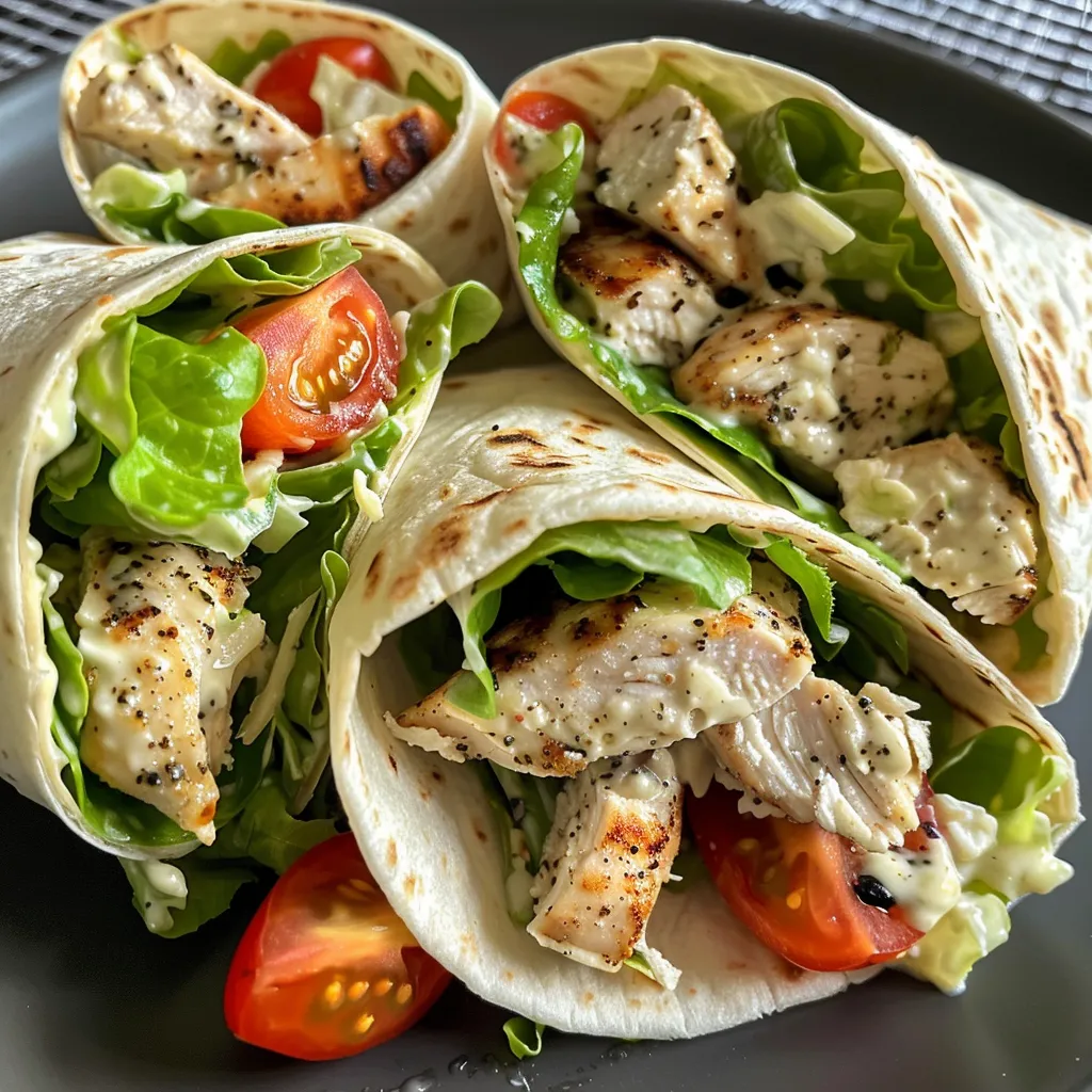 Side angle of a Chicken Caesar Wrap filled with greens, chicken, and dressing, resting on a wooden surface.