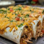 Close-up view of a juicy Chicken Cheese Burrito with melted cheese oozing out.