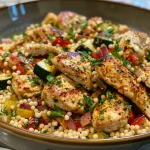 Close-up of juicy chicken couscous with colorful diced vegetables.