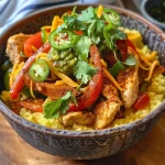 Close-up view of a bowl filled with Chicken Fajita Polenta, showcasing colorful peppers and shredded cheese.