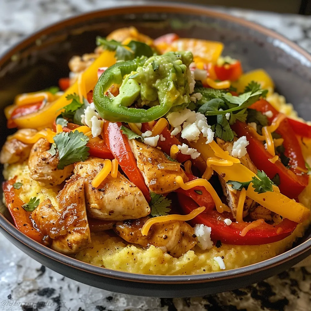 Side view of a Chicken Fajita Polenta Bowl with sliced chicken, onions, and jalapenos garnished on top.