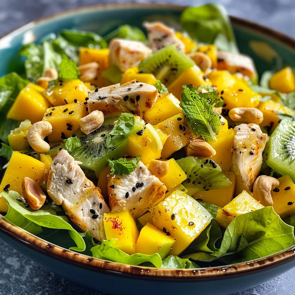 Side angle of a colorful salad showcasing chunks of chicken, kiwi, mango, and garnished with fresh mint and cashews.