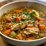 A close-up view of a bowl of Chicken Lentil Soup with vibrant ingredients visible.