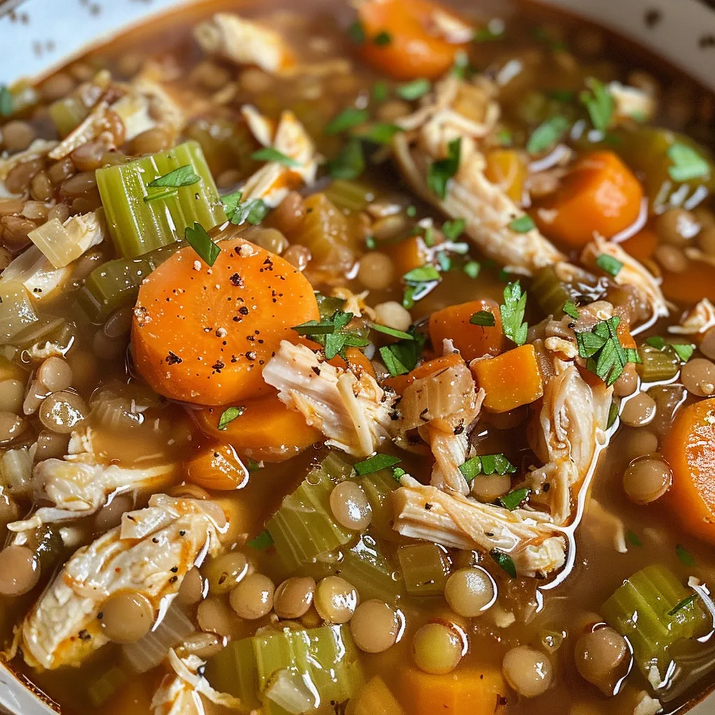 Side view of a steaming bowl of Chicken Lentil Soup, showcasing its ingredients.